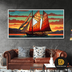 art deco stained glass sail boat wall art framed canvas print nautical art seascape art beach house decor-1