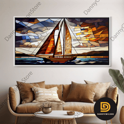 art deco stained glass sail boat wall art framed canvas print nautical art seascape art beach house decor-2