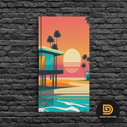 art deco sunset beach canvas print, minimalist retro palmtree vibe, vaporwave art, 80s retro vibes, miami inspired art