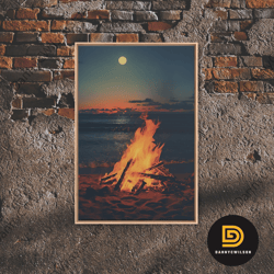 beach campfire under a full moon, photography print, framed canvas print, beach house decor, coastal decor, beach print,