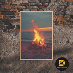 beach campfire under the stars, photography print, framed canvas print, beach house decor, coastal decor, beach print, b