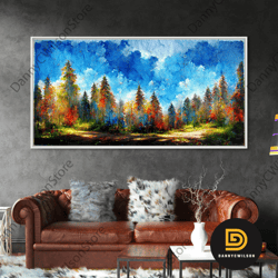 beautiful forest sunset oil painting canvas print, blue skies and fall trees, autumn, ready to hang gallery wrapped natu