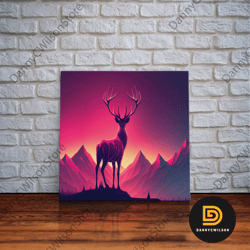 Beautiful Stag And Sunset, Synthwave Landscape Art, Framed Canvas Print, Nature Print, Pastel And Pink Art