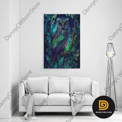 Colorful Psychedelic Art, Trippy Owl Portrait, Framed Canvas Print, Wall Art, Wall Decor