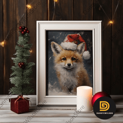 Cute Christmas Fox In A Santa Hat, Christmas Art, Christmas Decor, Christmas Wall Art, Farmhouse Christmas, Vintage Chri