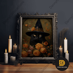 Cute Witch's Familiar Cat Halloween Art, Cat Witch, Cat Painting, Cute Cat Print, Halloween Decor, Black Cat Print, Fram