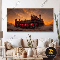 Dystopian Steampunk Wild West Mashup, Abandoned Wild West Saloon Art, Canvas Print, Ready To Hang Wall Art