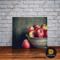 farmhouse kitchen art, framed canvas print, still life of apples in a rustic bowl, photography print, kitchen decor, rus
