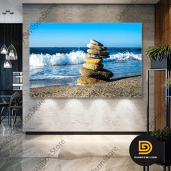 Beachside Wavy Sea Balanced Stones Roll Up Canvas, Stretched Canvas Art, Framed Wall Art Painting