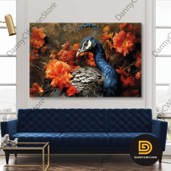 Blue Peacock Elegant Animal In Red Flowers Roll Up Canvas, Stretched Canvas Art, Framed Wall Art Painting-1