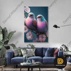 Love Birds Wall Art, Romantic Canvas Art, Cute Wall Decor, Housewarming Gift, Roll Up Canvas, Stretched Canvas Art, Fram