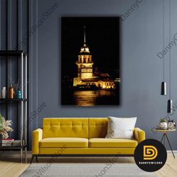 Maiden's Tower Night Dark Landscape Istanbul Roll Up Canvas, Stretched Canvas Art, Framed Wall Art Painting