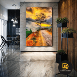 Mountain Road Wall Art, Sunset, Nature, Tree, Stone Path Wall Decor, Roll Up Canvas, Stretched Canvas Art, Framed Wall A