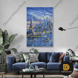 New York City Lights Sailboats Statue Of Liberty Roll Up Canvas, Stretched Canvas Art, Framed Wall Art Painting