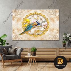 Pair Of Peacocks On A Golden Branch Modern Decorative Roll Up Canvas, Stretched Canvas Art, Framed Wall Art Painting