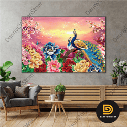 peacock couple nature landscape colorful flowers roll up canvas, stretched canvas art, framed wall art painting