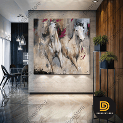 Running White Horses Oil Paint Effect Decor Nobility Roll Up Canvas, Stretched Canvas Art, Framed Wall Art Painting