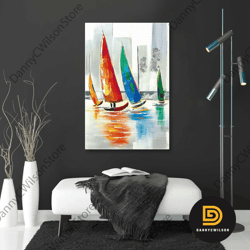 Sailboats Floating In Front Of Cityscape Roll Up Canvas, Stretched Canvas Art, Framed Wall Art Painting