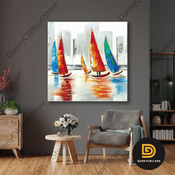 Sailboats Floating In Front Of Cityscape Roll Up Canvas, Stretched Canvas Art, Framed Wall Art Painting-1