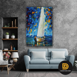 Sailing Boat Oil Painting Effect Colorful Landscape Sea Roll Up Canvas, Stretched Canvas Art, Framed Wall Art Painting