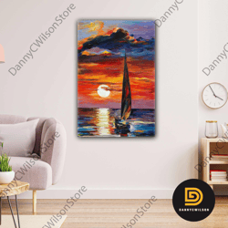 Sailing Boat Oil Painting Effect Sunset Landscape Sea Roll Up Canvas, Stretched Canvas Art, Framed Wall Art Painting