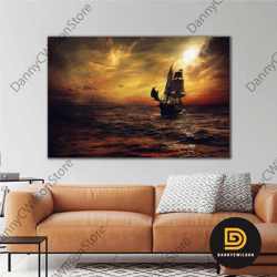 Sailing Ship At Sea At Sunset Roll Up Canvas, Stretched Canvas Art, Framed Wall Art Painting