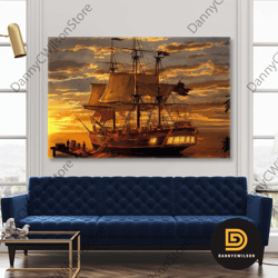 Sailing Ship Docking At The Port At Sunset Roll Up Canvas, Stretched Canvas Art, Framed Wall Art Painting