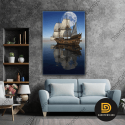 Sailing Ship Painting Moon Reflection Sea Landscape Roll Up Canvas, Stretched Canvas Art, Framed Wall Art Painting