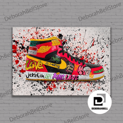 jordan shoes hand made artist drawing canvas, jordan shoes roled canvas, framed art, ready to hang, framed canvas ready