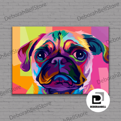 pop art pug dog canvas wall art, fanny retro vintage art print, rolled canvas, framed ready to hang, framed canvas ready