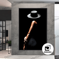 woman in black hat rolled canvas print, woman in black dress canvas, woman in hat poster wall art, ready to hang, framed