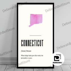 Funny Connecticut Definition Print  Connecticut Canvas  Minimalist State Map  Watercolor Silhouette  Modern Travel  Word