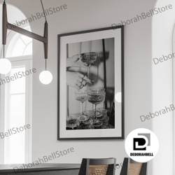 champagne glasses canvas, bar cart art, bar pub black and white wall art, vintage print, photography prints, wall decor,
