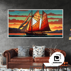 Framed Canvas Ready To Hang, Art Deco Stained Glass Sail Boat Wall Art Framed Canvas Print Nautical Art Seascape Art Bea