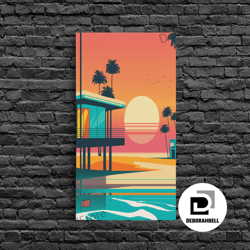 framed canvas ready to hang, art deco sunset beach canvas print, minimalist retro palmtree vibe, vaporwave art, 80s retr