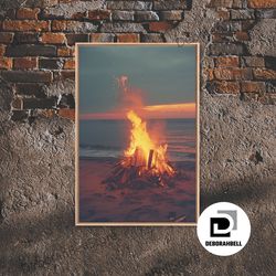 framed canvas ready to hang, beach campfire under the stars, photography print, framed canvas print, beach house decor,