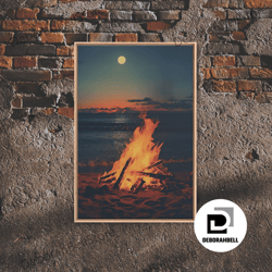 Framed Canvas Ready To Hang, Beach Campfire Under A Full Moon, Photography Print, Framed Canvas Print, Beach House Decor