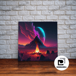 Framed Canvas Ready To Hang, Campfire Under A Full Moon, Framed Canvas Print, Retro Synthwave Outrun Style Primitive Hom