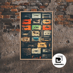 framed canvas ready to hang, cassette tape collage, retro 80s art, photography, fine art canvas print, giclee print, stu