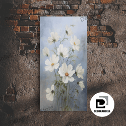 Framed Canvas Ready To Hang, Cosmos Art Print - Framed Canvas Art - Oil Painting Poster Print - White Flowers Still Life