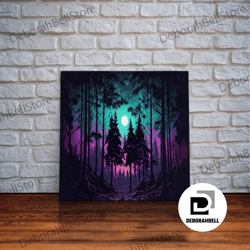 Framed Canvas Ready To Hang, Fantasy Forest Art, Full Moon Visible Through The Trees, Framed Canvas Print, Framed Wall A