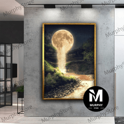 full moon waterfall canvas print, full moon canvas art, surreal landscape painting, flowing moon art print, moon wall ar