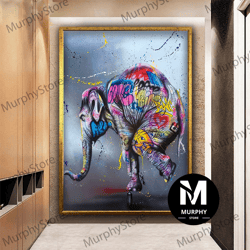 graffiti elephant canvas painting, pop art elephant canvas, colorful elephant canvas wall decor, banksy elephant wall ar