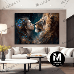 Lion And Girl Canvas Painting, Love Of Woman And Lion Canvas, Lion Painting, Lion Couple Canvas Print Art, Woman Wall Ar