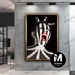 screaming black and white woman canvas, zebra faced woman canvas painting, black and white woman wall art, modern home d