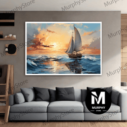 ship at sunset canvas art, sailing ship canvas print, sea wall art, sunset wall art, sunset seascape canvas, nature pain