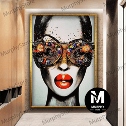 woman with colorful glasses canvas art, pop art woman painting, woman with red lipstick wall art, woman canvas print, mo