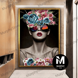 Woman With Glasses And Flower Hair Canvas Art, Flower Head Woman Wall Art, Floral Woman Canvas, Modern Art Canvas Print,