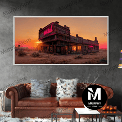 decorative wall art, abandoned wild west saloon at sunset canvas print, travel photography art, outrun sunset ready to h