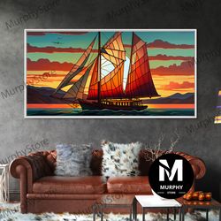 decorative wall art, art deco stained glass sail boat wall art framed canvas print nautical art seascape art beach house